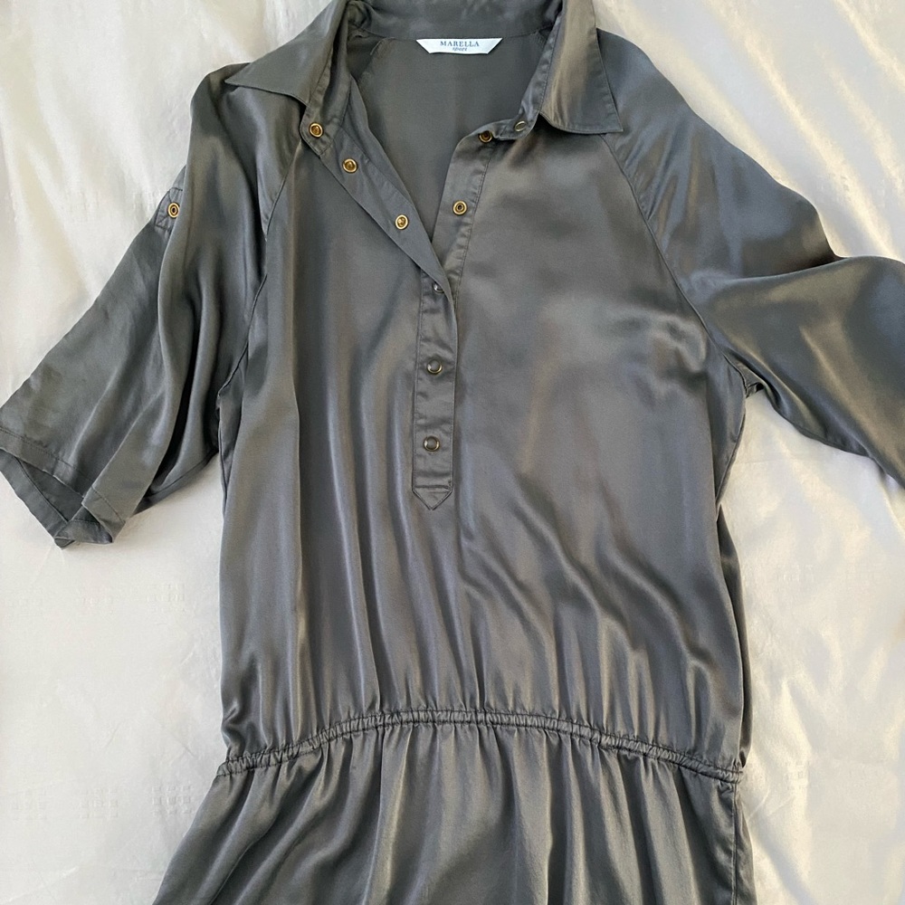Grey silk blouse-shirt by Marella. Goes well with dark tights.
